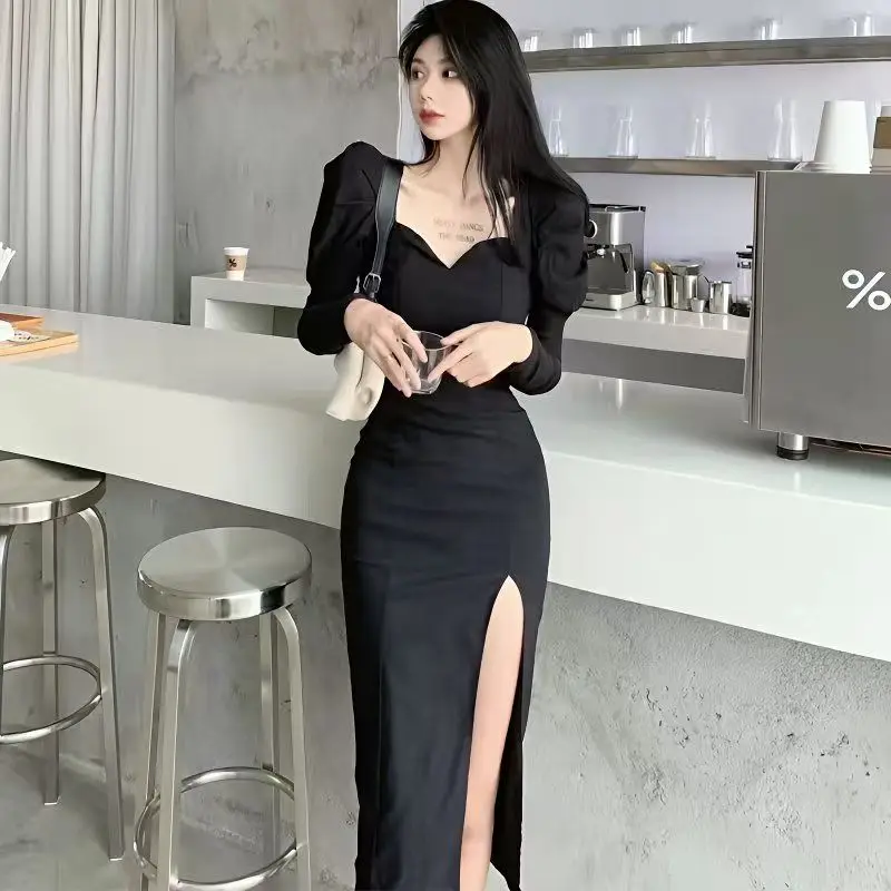

Plus-size Women Square-necked Long-sleeved Dress 2024 Spring Autumn Winter New French Waist Pocket Hip Slim Long Slit Skirt