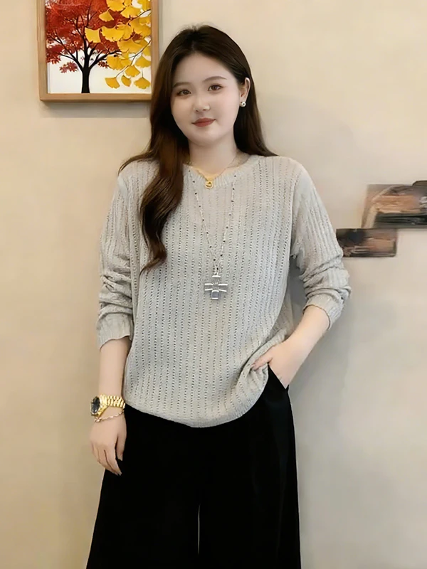 

Женский вязаный свитер большого размера с круглым вырезом и длинными рукавами, свободный крой, скрывающий живот, весна 2026, комфортный, в корейском стиле