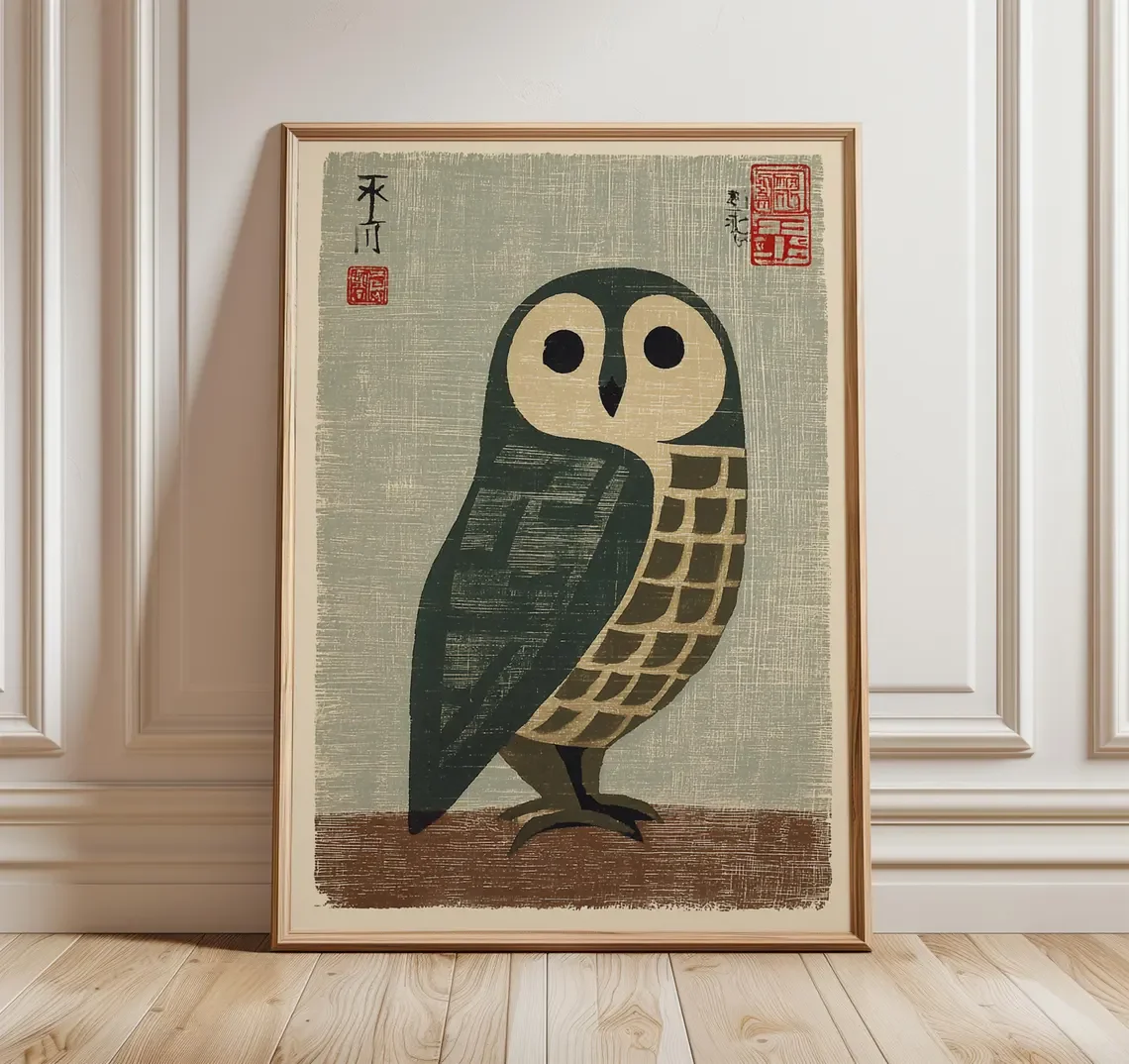 Art mural hibou japonais serein - Impression inspirée de la nature célébrant la simplicité. Pièce d'art intemporelle pour salons, chambres à coucher.
