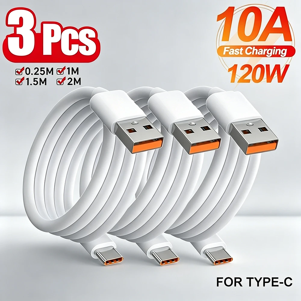 3Pcs 10A 120W Type C Cable Super Fast Charging Phone Data Cord For Huawei Mate 60 50 Honor Xiaomi Samsung PD Quick Charger Cable