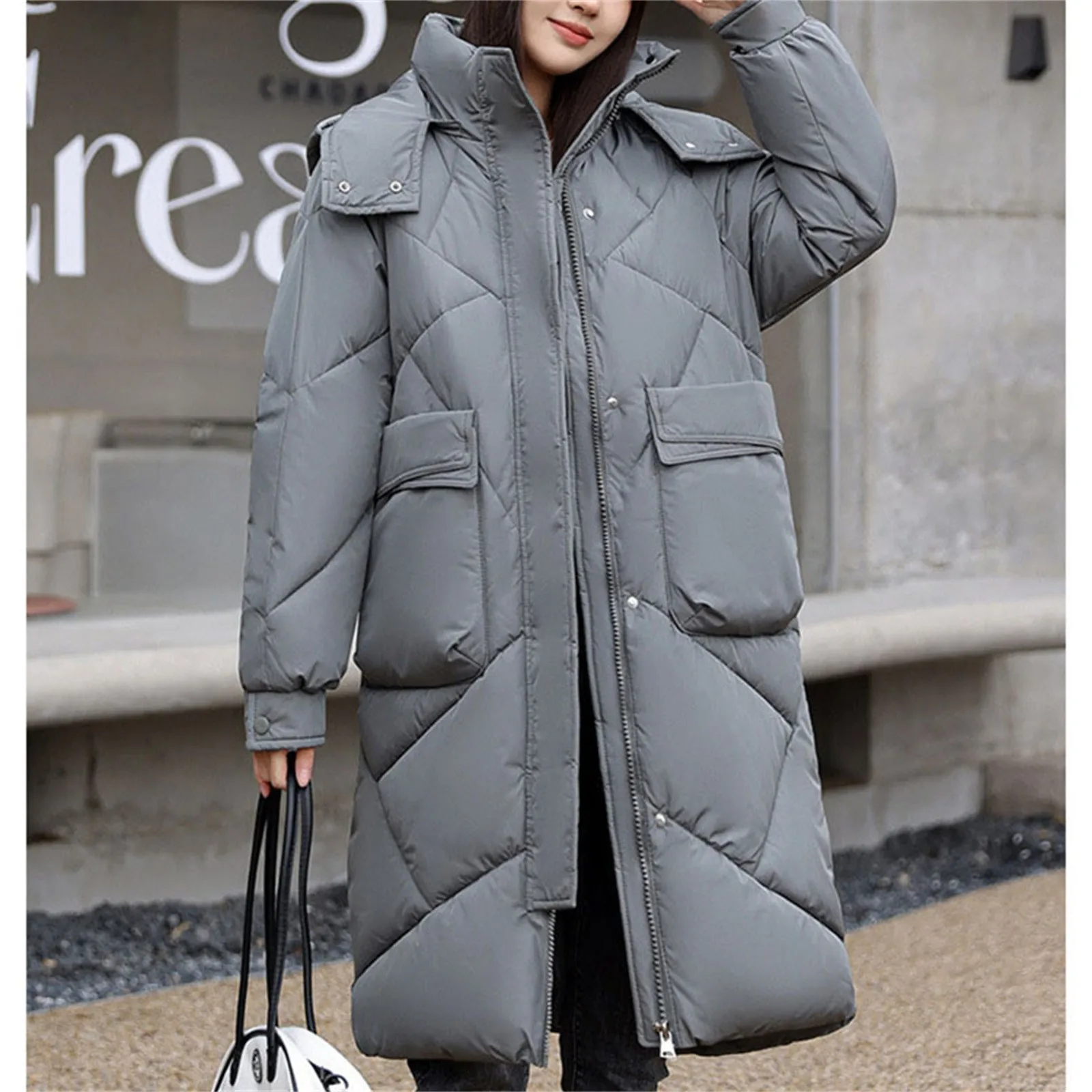 Womens Thickened Down Coat Winter Lightweight Warmest Cotton Clothes Medium Length Over The Knee Coats With Double Large Pockets