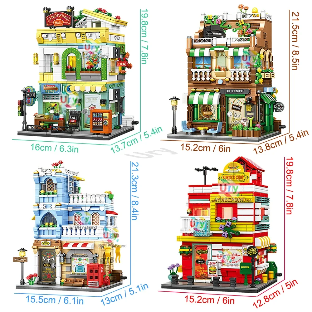 City Street View Modulair winkelcentrum Supermarkt Hotel Burger Coffee Shop Retro Flower House MOC Architectuur Bouwstenen voor kinderen