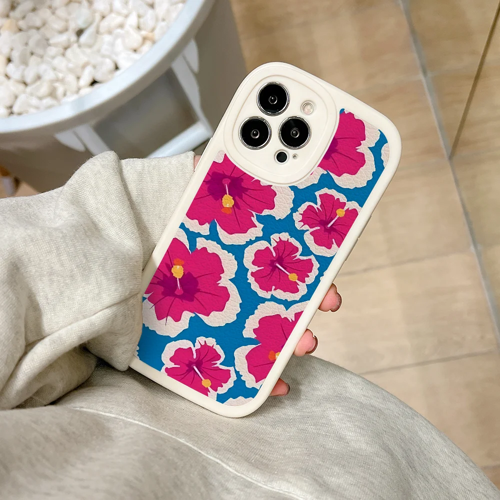 Pink And Blue Hawaiian Phone Case For IPhone 11 12 13 14 15 Plus Pro Max PU Leather Silicon Soft Cover