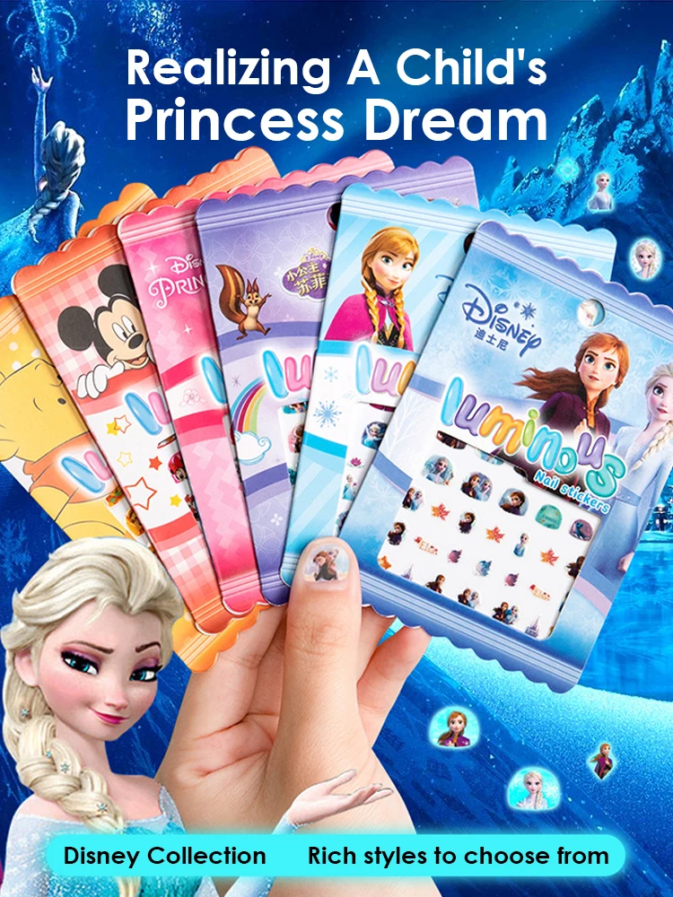 Disney pegatinas de uñas con brillo nocturno para niñas y niños, pegatinas de uñas de princesa Elsa, Romance de hielo y nieve, pegatina de dibujos