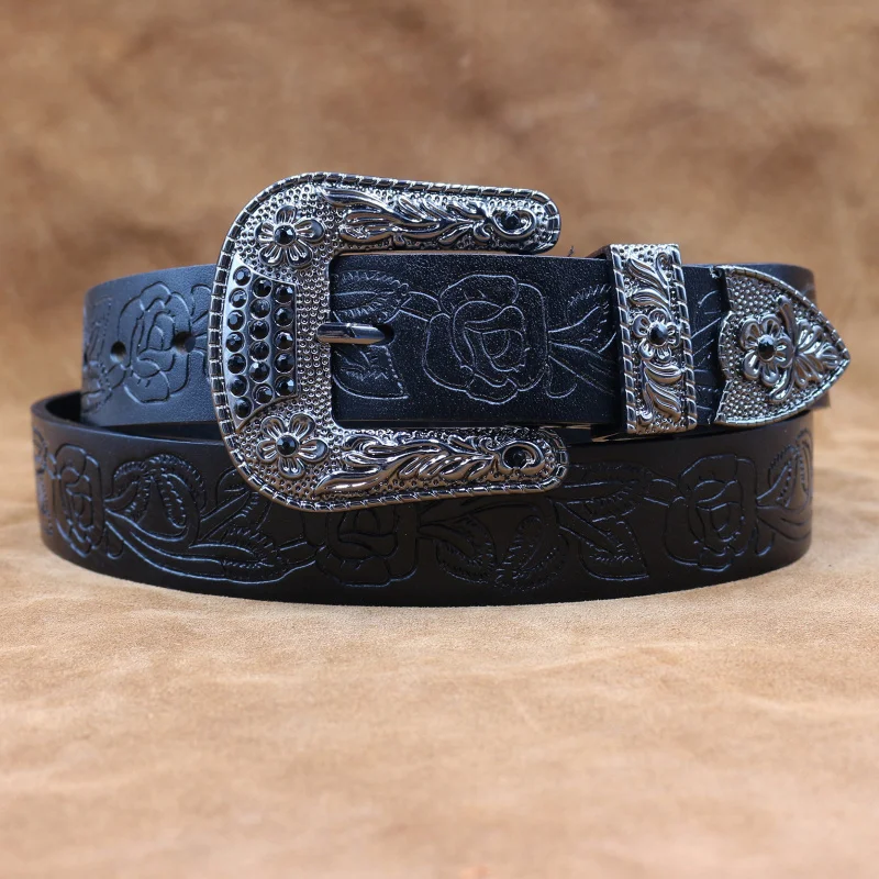 Western Flower Embossed Leather Strap Men Belts Rhinestone Flower Pin Buckle Jean Belt for women