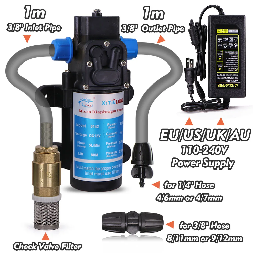 Electric Diaphragm Pump 110-240V Power Supply One-way Valve Filter Agriculture Mist Irrigation Water Pressure Self-priming Pump