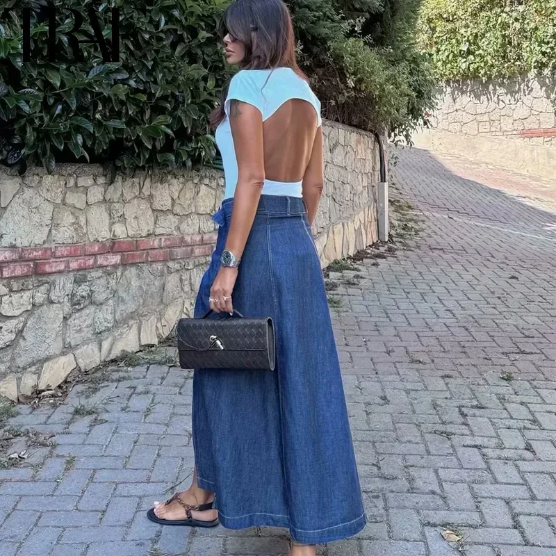 TRAF Pareo Denim Skirt Woman Blue Jeans Long Skirt Women Summer High Waist Slit Skirt Y2k Streetwear Eleganckie spódnice damskie