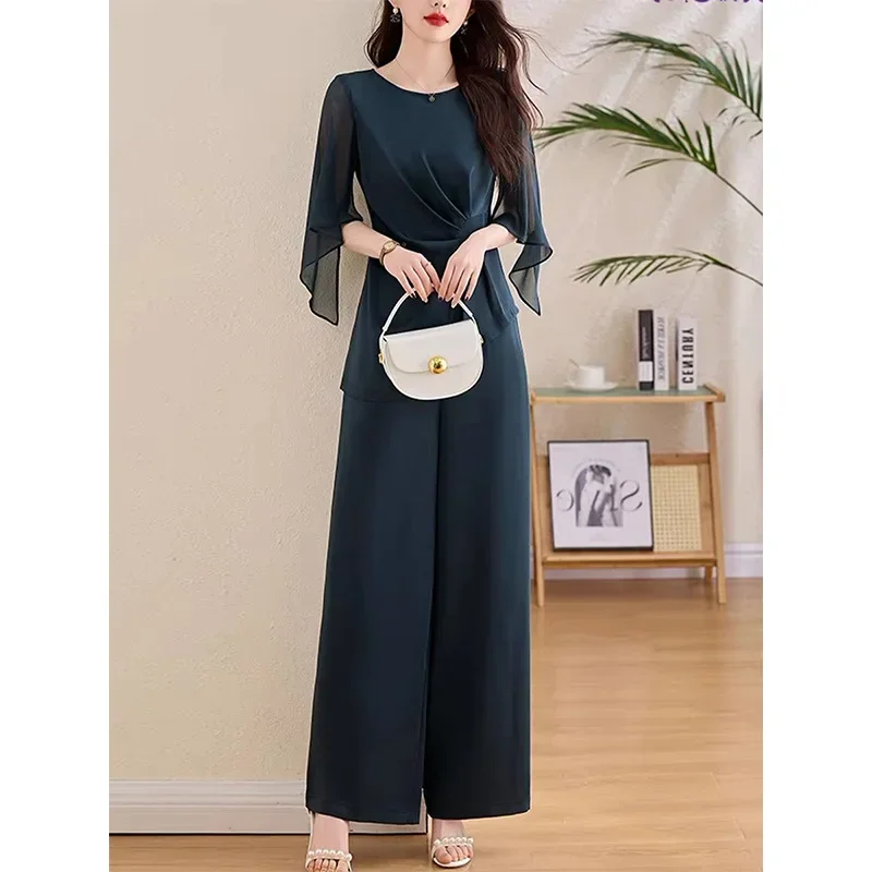 الصيف حجم كبير مزاجه المتخصصة تصميم بدلة على الموضة بنطال ذو قصة أرجل واسعة قطعتين مجموعة النساء السراويل النساء