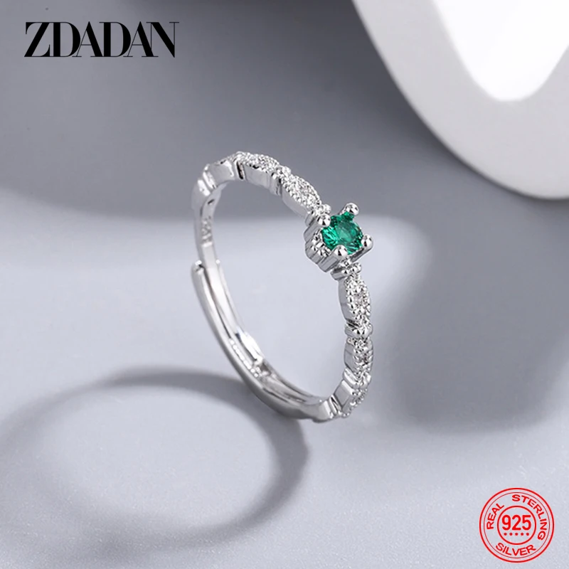 ZDADAN 925 Sterling Silver Green Zircon Adjustable Ring For Women Girls Fashion Jewelry