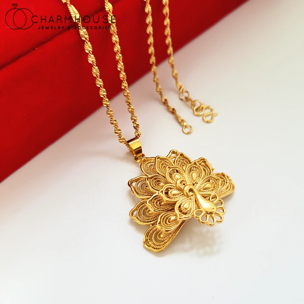 Charm Necklaces For Women 24K Yellow Gold Color Peacock Pendant Necklace Chain Collar Femme Wedding Jewelry Accessories Gifts