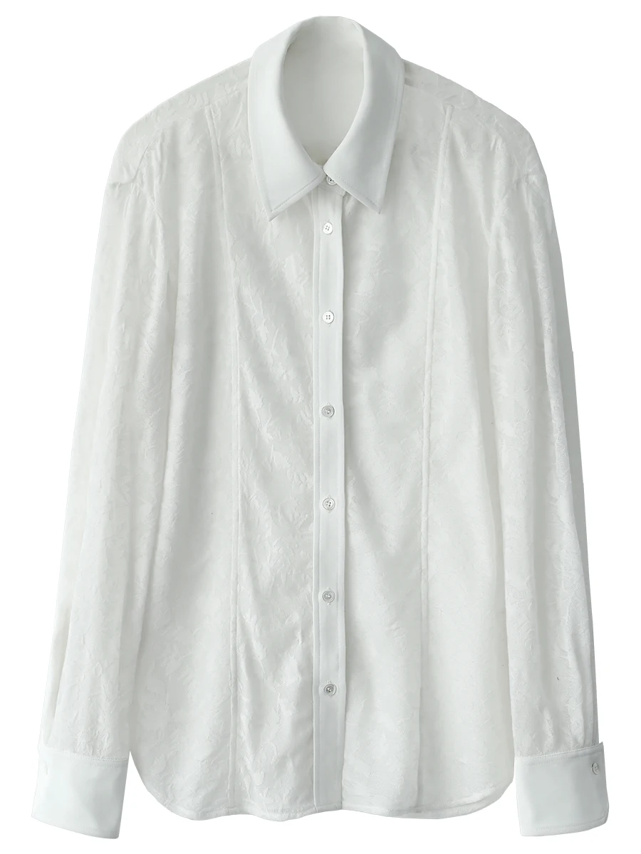 شيك فين قميص نسائي فضفاض غير رسمي على الوجهين دانتيل جاكار تصميم بلوزات بأكمام طويلة للمرأة ربيع الخريف 2025 الملابس