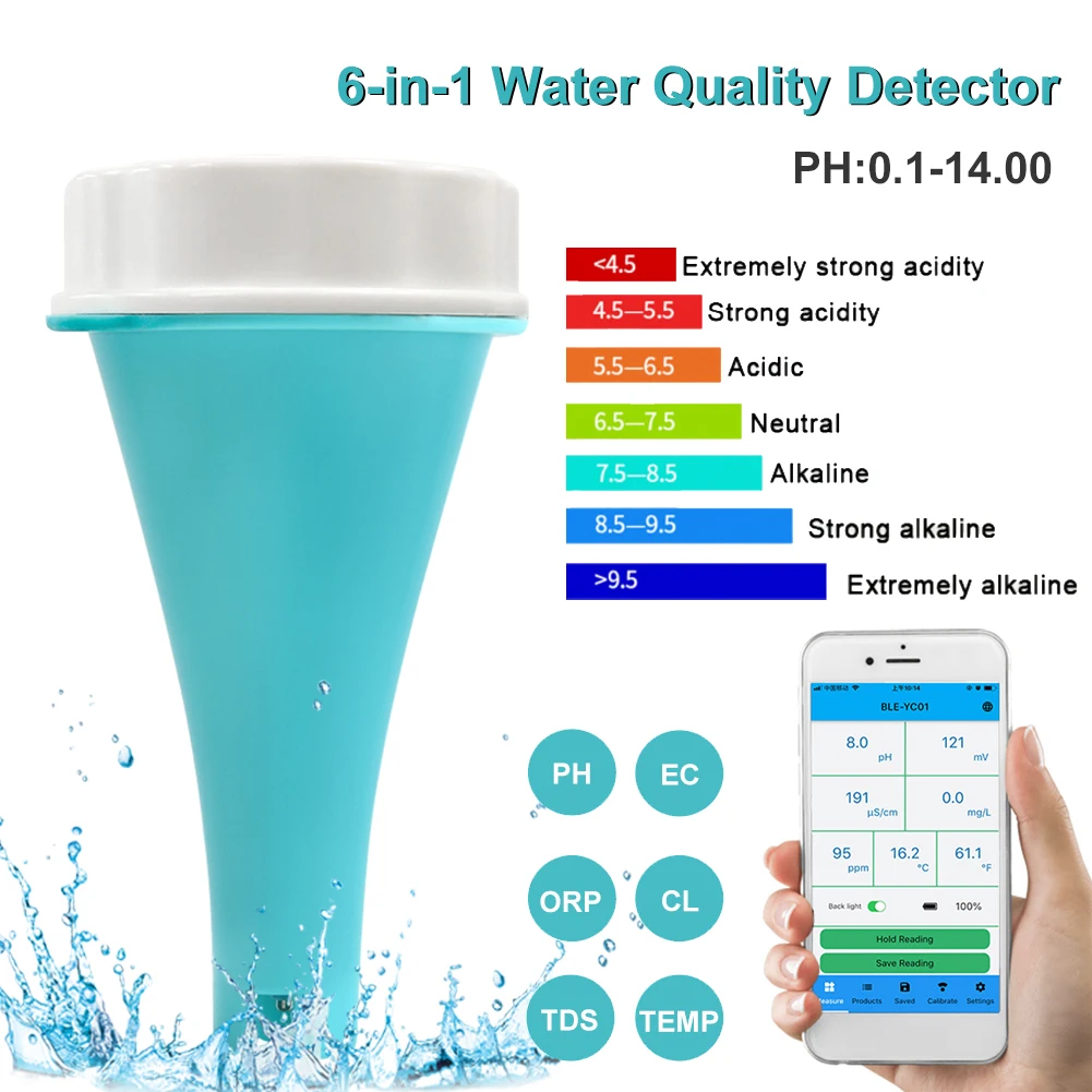 Digital PH Meter Bluetooth-compatible 6-in-1 PH Tester PH/TDS/EC/CL/ORP/Temp Meter High Accuracy Water Quality Tester