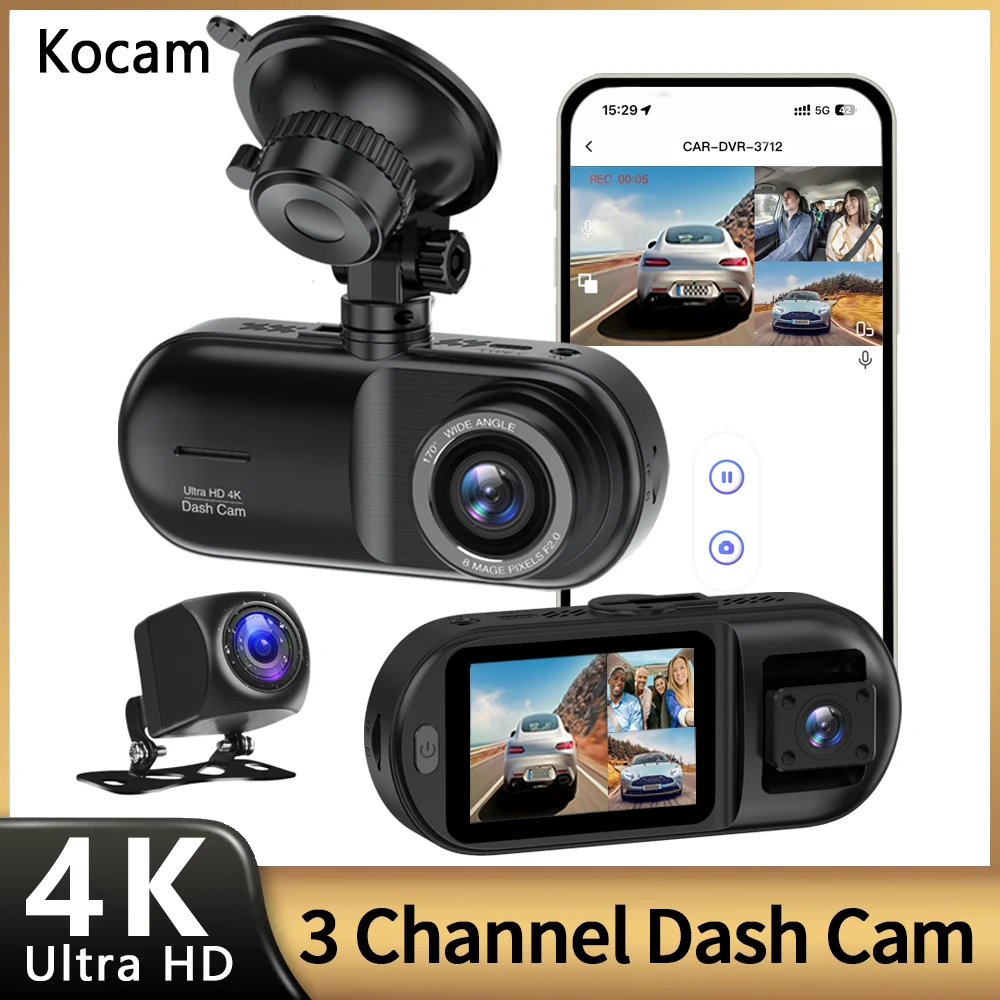 

Kocam Dash Cam 4K+1080P 3 Channel WiFi Car Dash Camera Front Inside Rear 3 Way IR Night Vision Car DVR Support Parking Mode