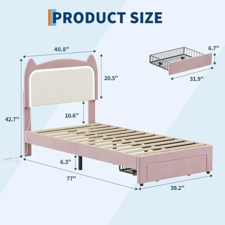 Cat Shaped Bed Platform with Storage Drawer, Low Profile No Box Spring