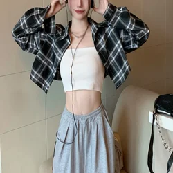 Women's Plaid Shirt Turn down Collar Blouse Loose Casual Lazy Style Long Sleeve T Shirts Spring  Autumn Tops