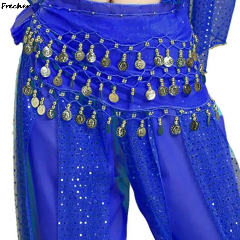 Women Sexy Belly Dance Hip Skirts with Coin Tassel Sequins Belts Latin Practice Dress Performance Costume Chiffon Waist Scarf