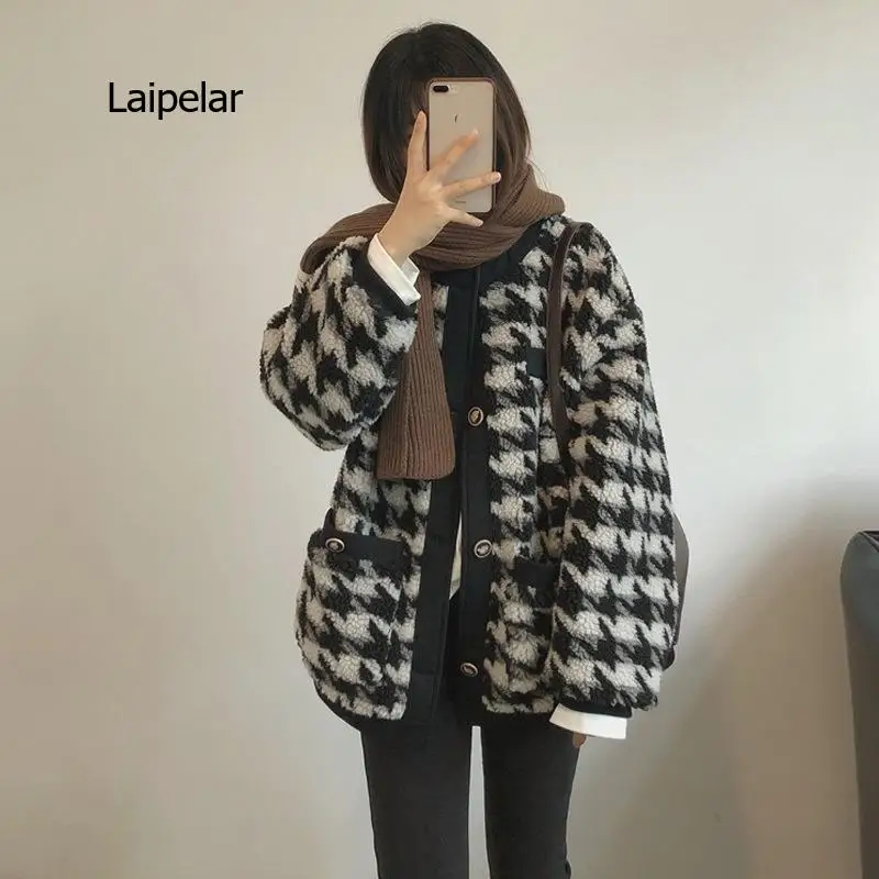 Lamb wool coat women retro loose round neck thick warm cotton jacket