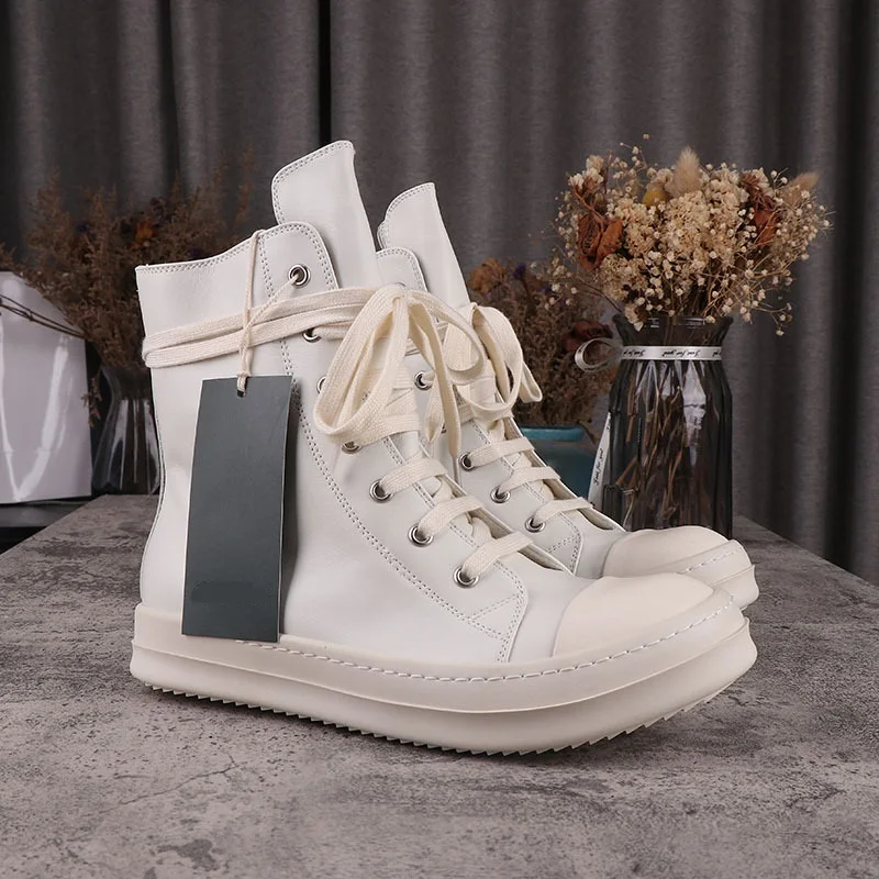 Mężczyźni Buty Casual Genuine Leather Flats White Lace Up Zip High Top Ankle Boots For Women Vintage Luxury Owens Designers Sneakers