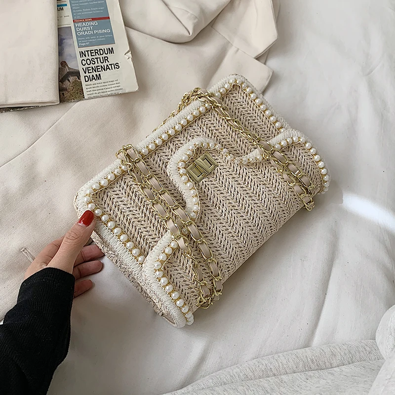 Lizzytsu Small Fragrance Style Luxury Flap Pearl Party Shoulder Bag Vintage Casual Crossbody Bag Korean Square Mini Message Bag