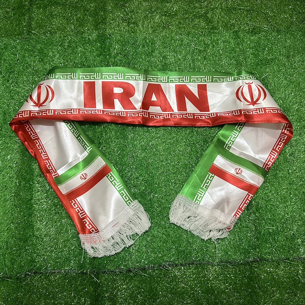 2026 Iran Scarf 14x135cm Double-sided Printed Satin Iran Flag Scarf Tassels Suitable for Football, Sports, Events