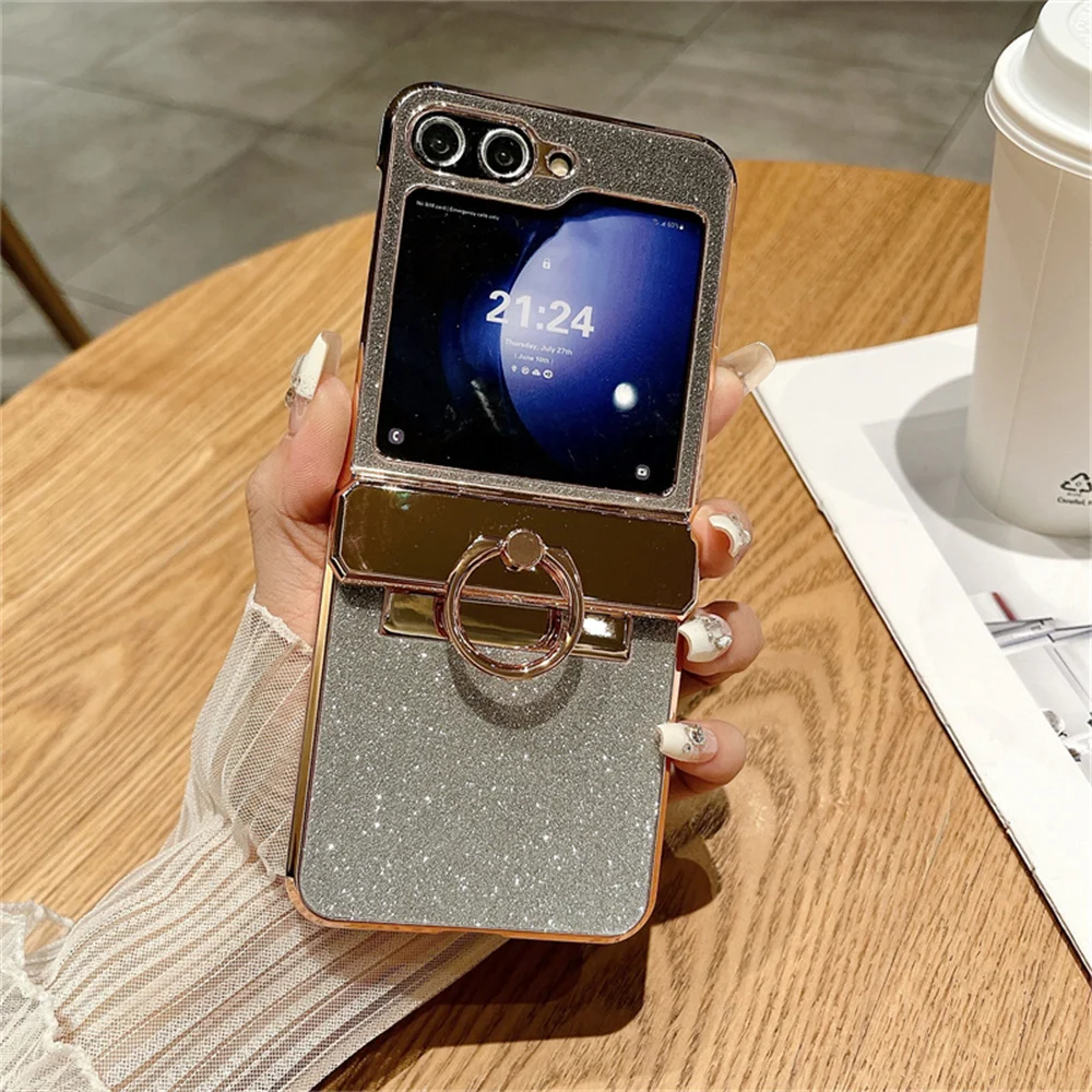 Ring Holder Glitter Diamond Case for Samsung Galaxy Z Flip 6 5 4 3 flip5 ZFlip4 Gradient Electroplating Shiny Shockproof Cover