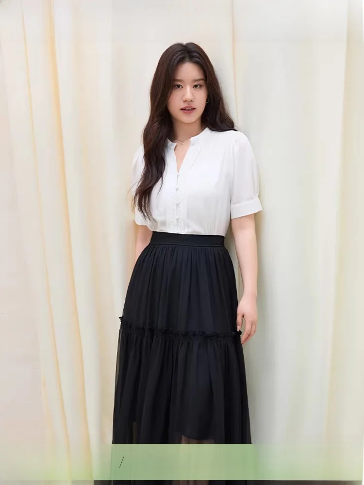 

Large Size Women's Faionable Ruffle Decorated ort Sve irt Commute Sle New Arrival Gentle Top Mid-Length V-Ne