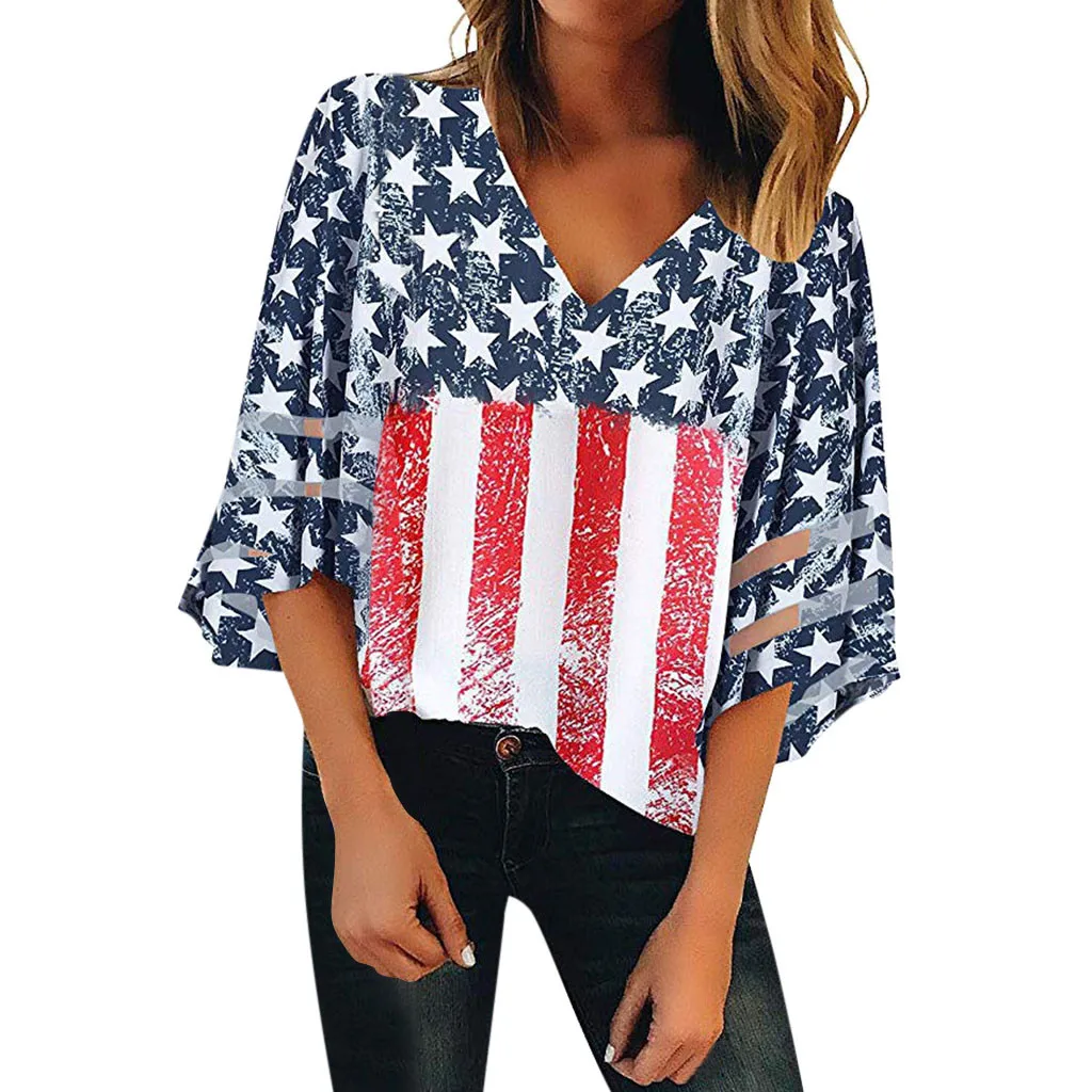 Women's 2024 Summer Loose Casual T-Shirts July Fourth Flag Print Clothing Tops Retro Street Long Sleeve V Neck Ropa De Mujer