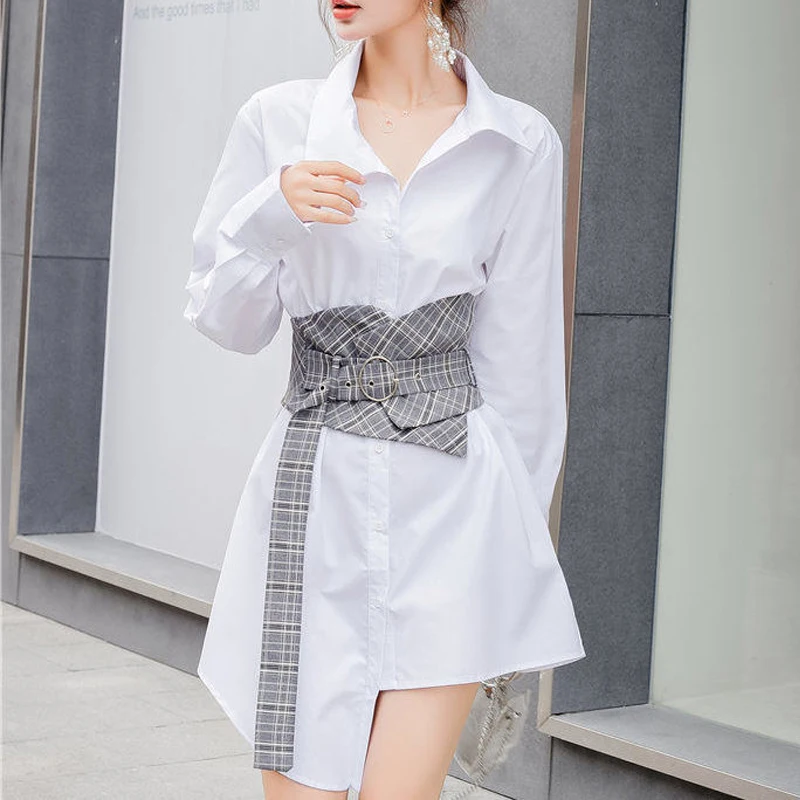 Women\'s Fashion Vintage Plaid Belt Asymmetrical Design Elegant Mini Dress Autumn Office Lady Long Sleeve Slim Chic Shirt Dresses