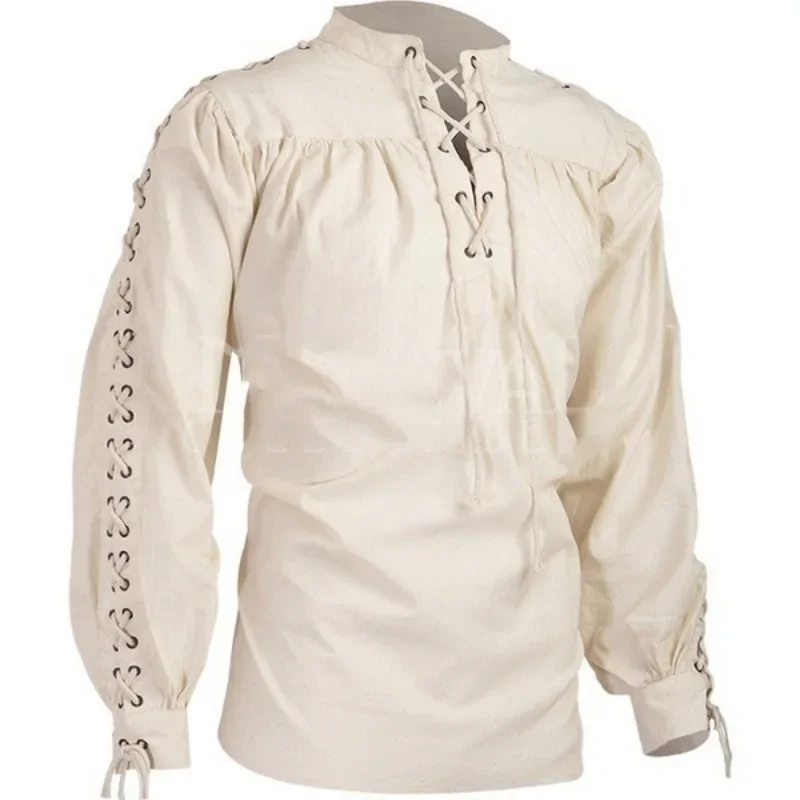 Medieval Men Long Sleeve Viking Pirate Shirt Costume Top Mercenary Scottish Jacobite Ghillie Shirt Halloween Costume
