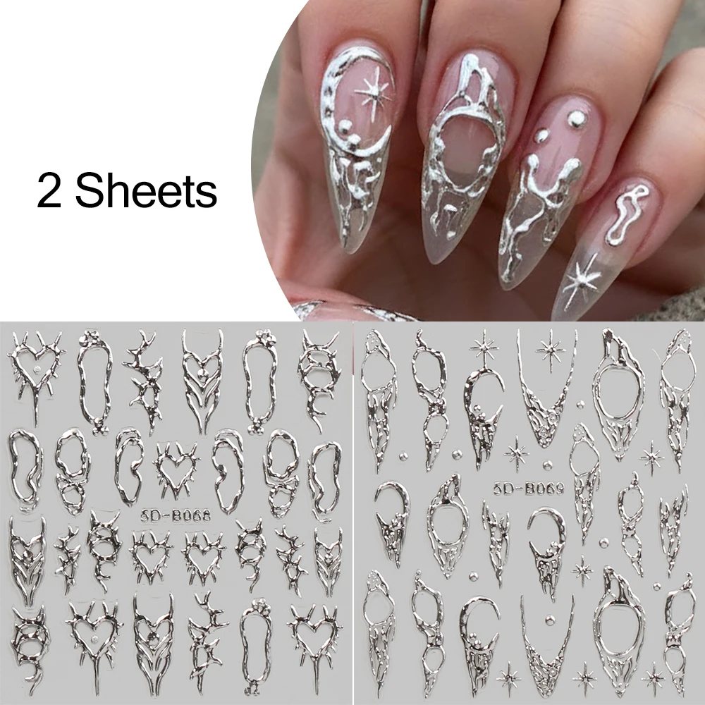 2 Stück Vintage Dornen Y2K Nagelkunst-Aufkleber 5D Geprägte Gold Silber Mond Stern Retro-Stil Nagel-Abziehbilder Selbstklebende DIY Maniküre-Dekoration – Detail 8