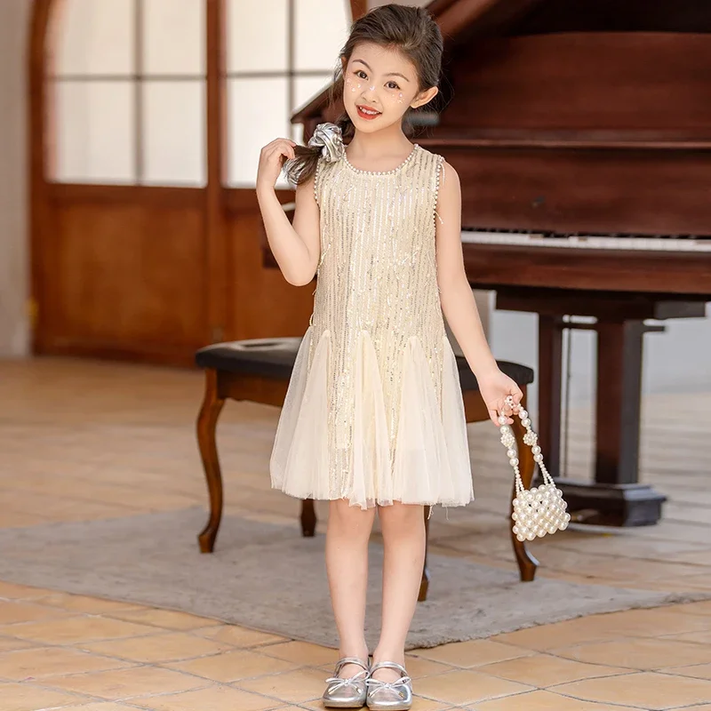 Beige baby girls dress Pearl tassel sequin vest Princess Party Dresses robe fille enfant Fashion Kids Birthday clothes 100-160