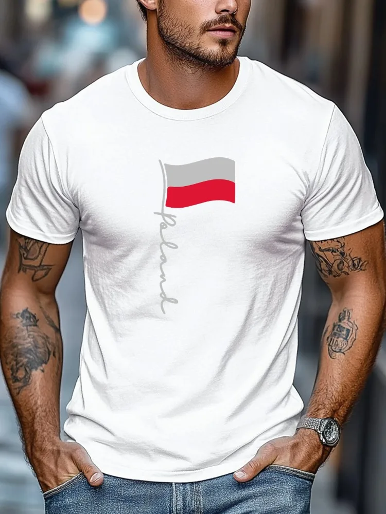 Men Black Crew Neck Tee Handwritten Poland Script Waving Polish National Flag Graphic Soft Short Sleeve Patriot Loose Male Tops