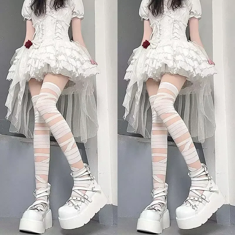 Ultrathin Women Spicy Girl Bandage Stripe Long Stockings Female Japanese Lolita Jk Y2k Sexy Summer Cross Tube White Stockings