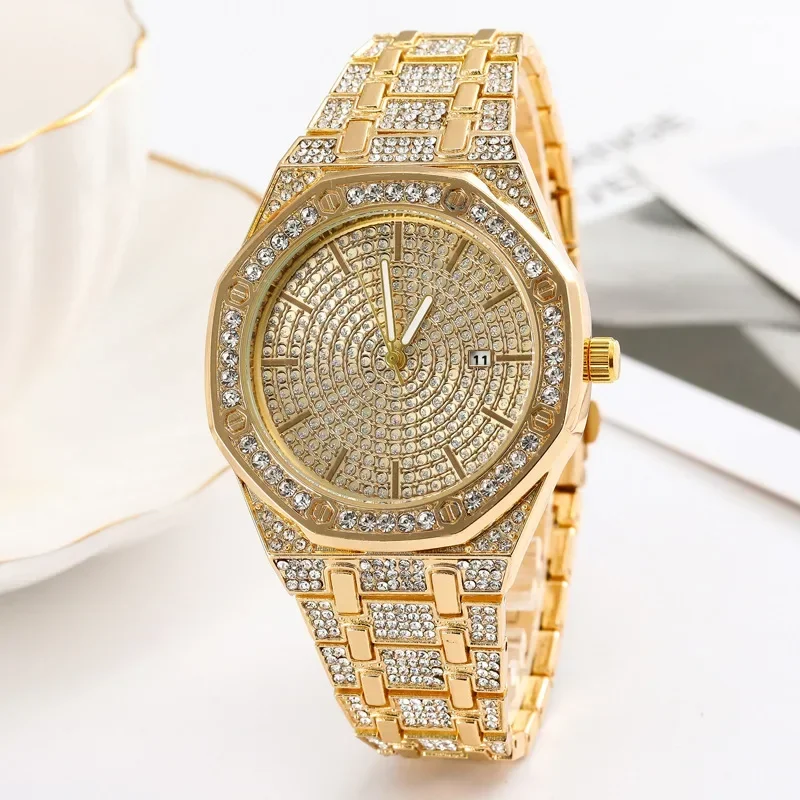 New Trendy Mens Man Gold Bling Bling Zircon Hip-hop Full Icy Diamond Quartz Iced Out Watches for Outdoors Party