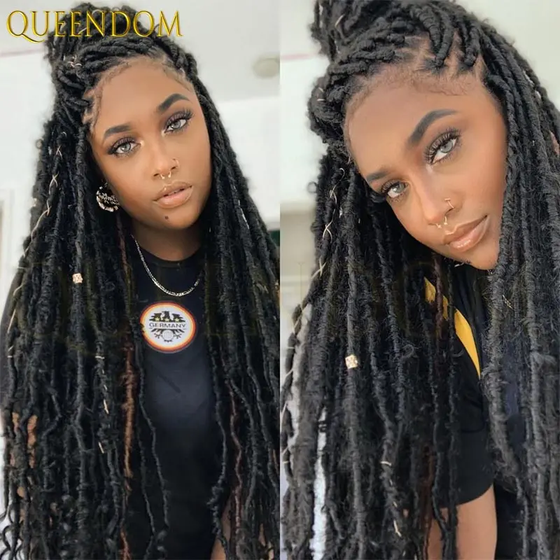 

40" Synthetic Butterfly Locs Lace Frontal Wig for Black Women 360 Full Lace Braided Soft Dreadlocks Twist Hair Faux Wig
