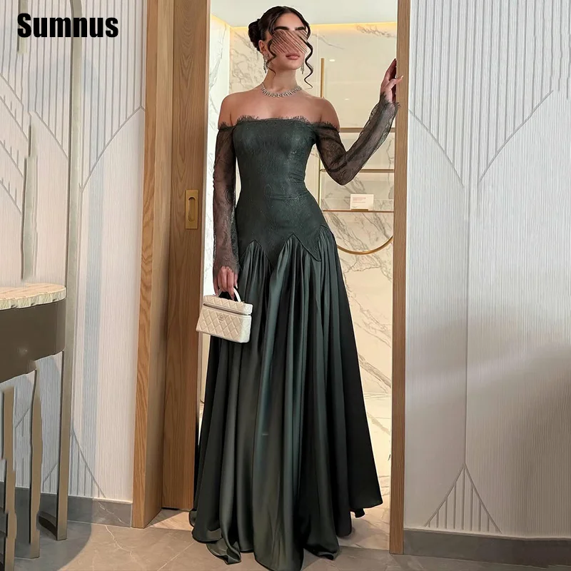 

Sumnus Элегантные платья для выпускного вечера трапециевидной формы с открытыми плечами и длинными рукавами длиной до пола, вечерние платья по индивидуальному заказу