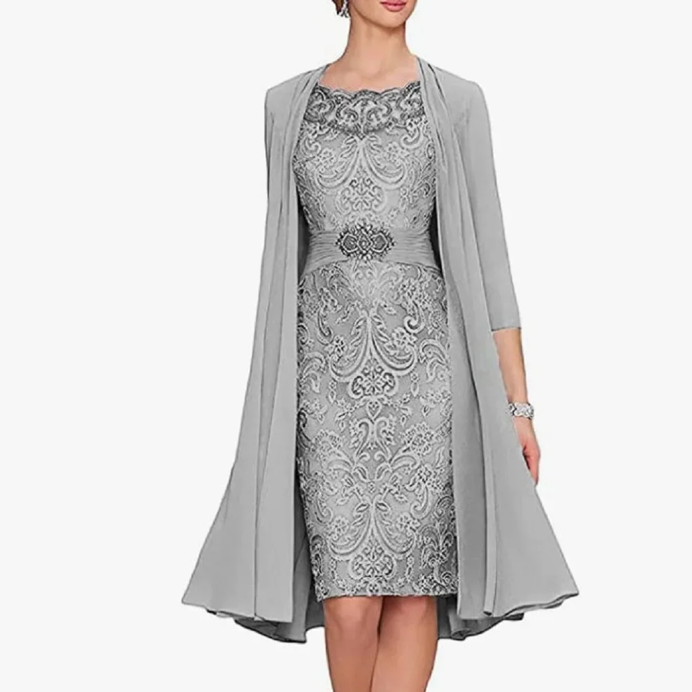 فساتين أم العروس شيفون مخصصة مع سترة بطول الركبة 3/4 كم دانتيل لحفلات الزفاف وحفلات التخرج وحفلات الأم #1