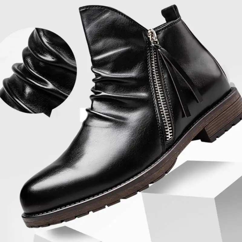 New 2024 Autumn Chelsea Boots Men Leather Business Shoes Folds Men Ankle Boots Fashion Zip Retro Male Footwear