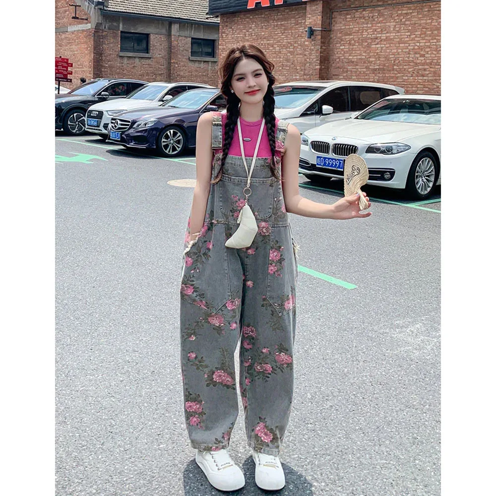 

Retro Printed Denim Overalls Women's Summer New Design Sense Straps Suspenders Loose Wide-leg Pants Female Jeans Jumpsuit