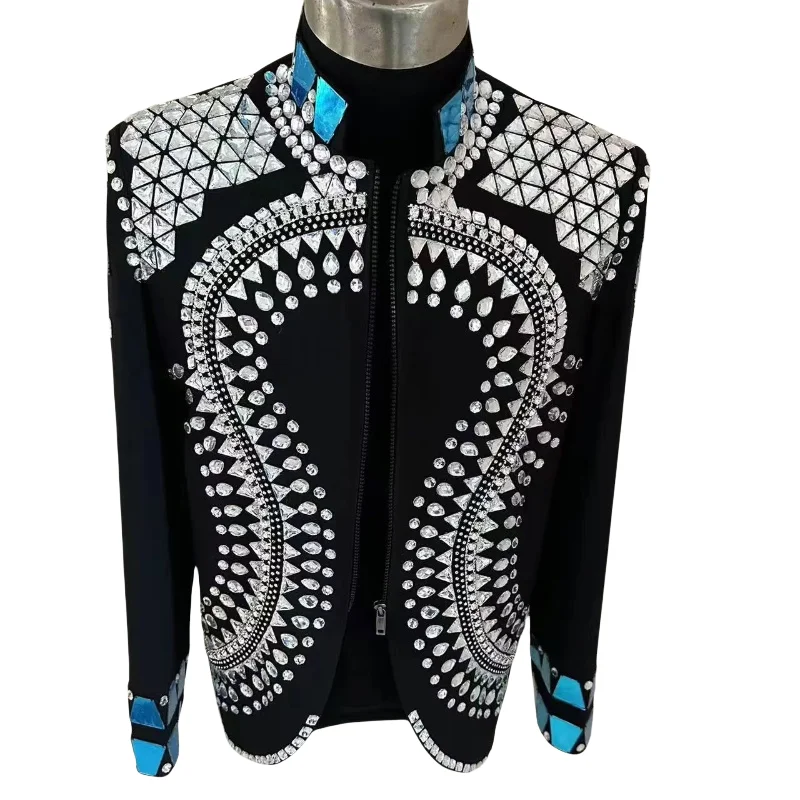 Sparkly Crystals Mirror Lens Suit Jacket Men's Stage Show Performance Coat Club Singer Dancer Groom Wedding Formal Dress Wear