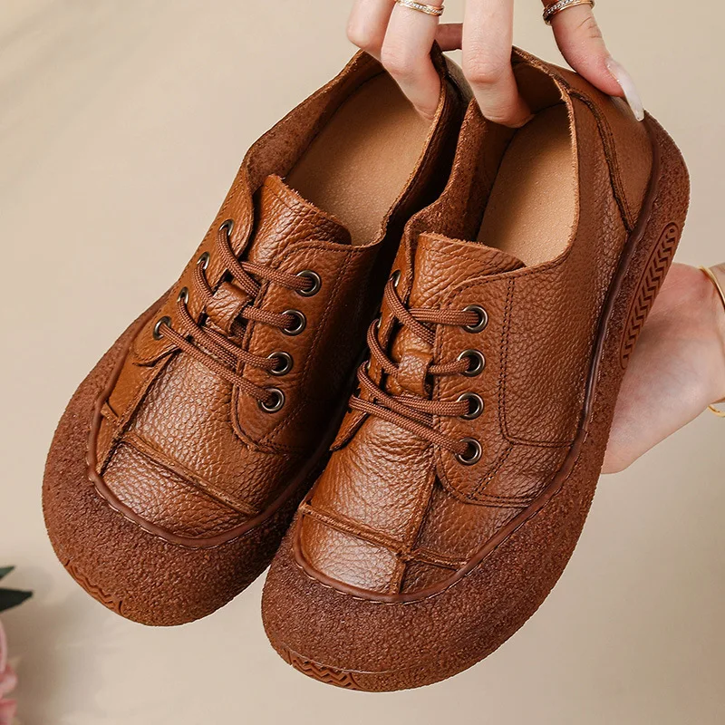 

New Spring 2025 Women's Soft Leather Lace-Up Moccasins Wide Toe Fit Comfortable Driving Loafers Top Quality Ladies Sneakers