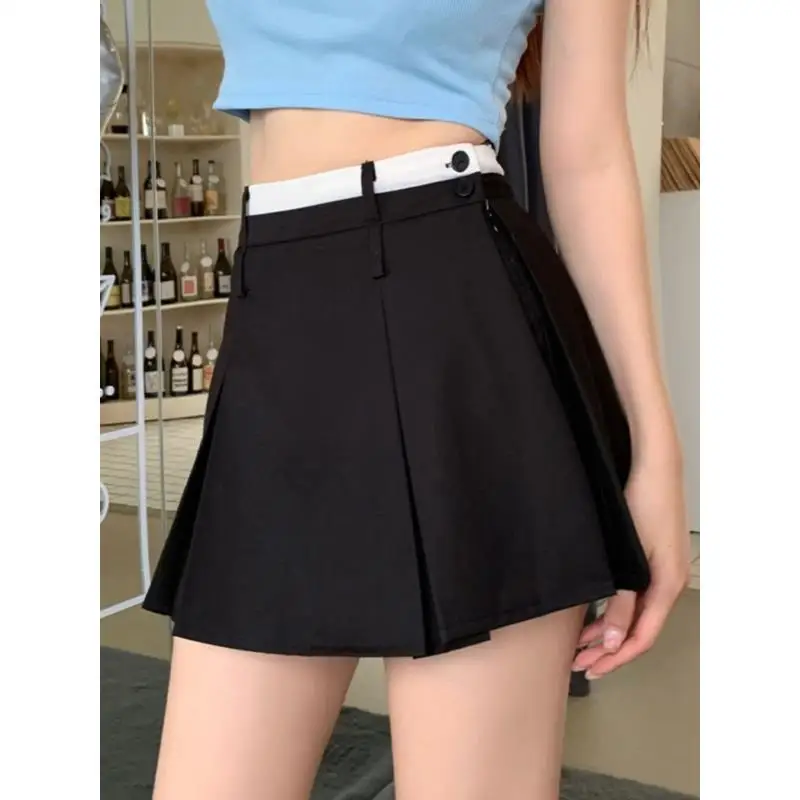 150cm Petite girls Design Sense Spliced Collision Color Pleated Skirt Women High Waisted A-line Hip Hugging Skirt XS Appear High