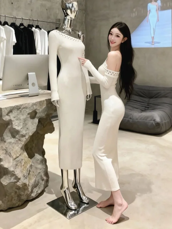 

Sexy Knitted Wrap Dr Pure Color oulder Bared Bodycon Long Skirt Unique Beautiful Winter Faion for Women Ci Commute