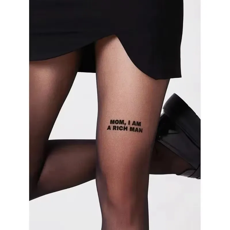 

Mom I Am Rich Man Printing Stockings Flocked Pantyhose with Letters and Words Stockings Pantyhose Trend Ultra-thin Sexy Tights
