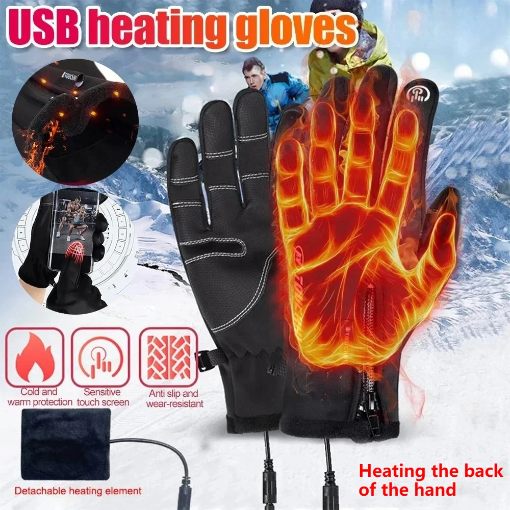 USB Electric Heated Gloves Winter Outdoor Sports Skiing Warm Gloves Waterproof Anti-Slip Motorcycle Cycling Gloves Touch Screen