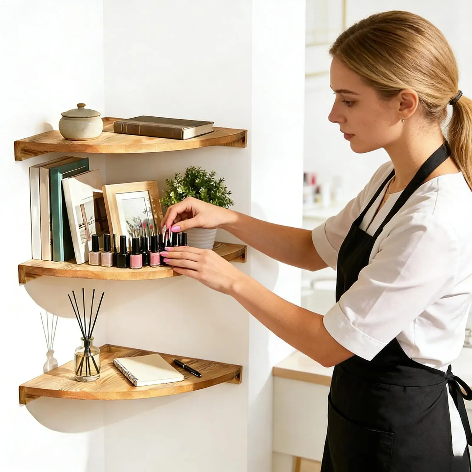 Corner Floating Shelves Wooden 3-Tier Rustic Wall Mounted Shelf Storage Display Shelves for Bedroom Kitchen Living Room Kids