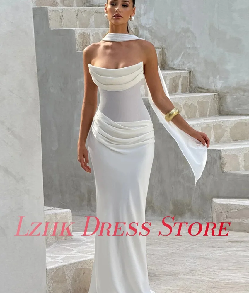 Vestido de noche personalizado con cintas de sirena, Jersey Sexy, temperamento, sin mangas, sin tirantes, largo hasta el suelo, vestidos para ocasiones especiales