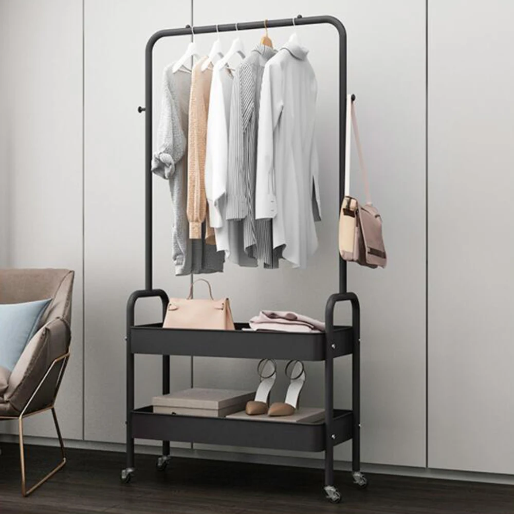 

Garment 2-In 1 Clothing Metal Basket Rolling Cart Clothes Hanging Organizer Coat Rack Storage Hoder With Wheels & 2 Tier Panel