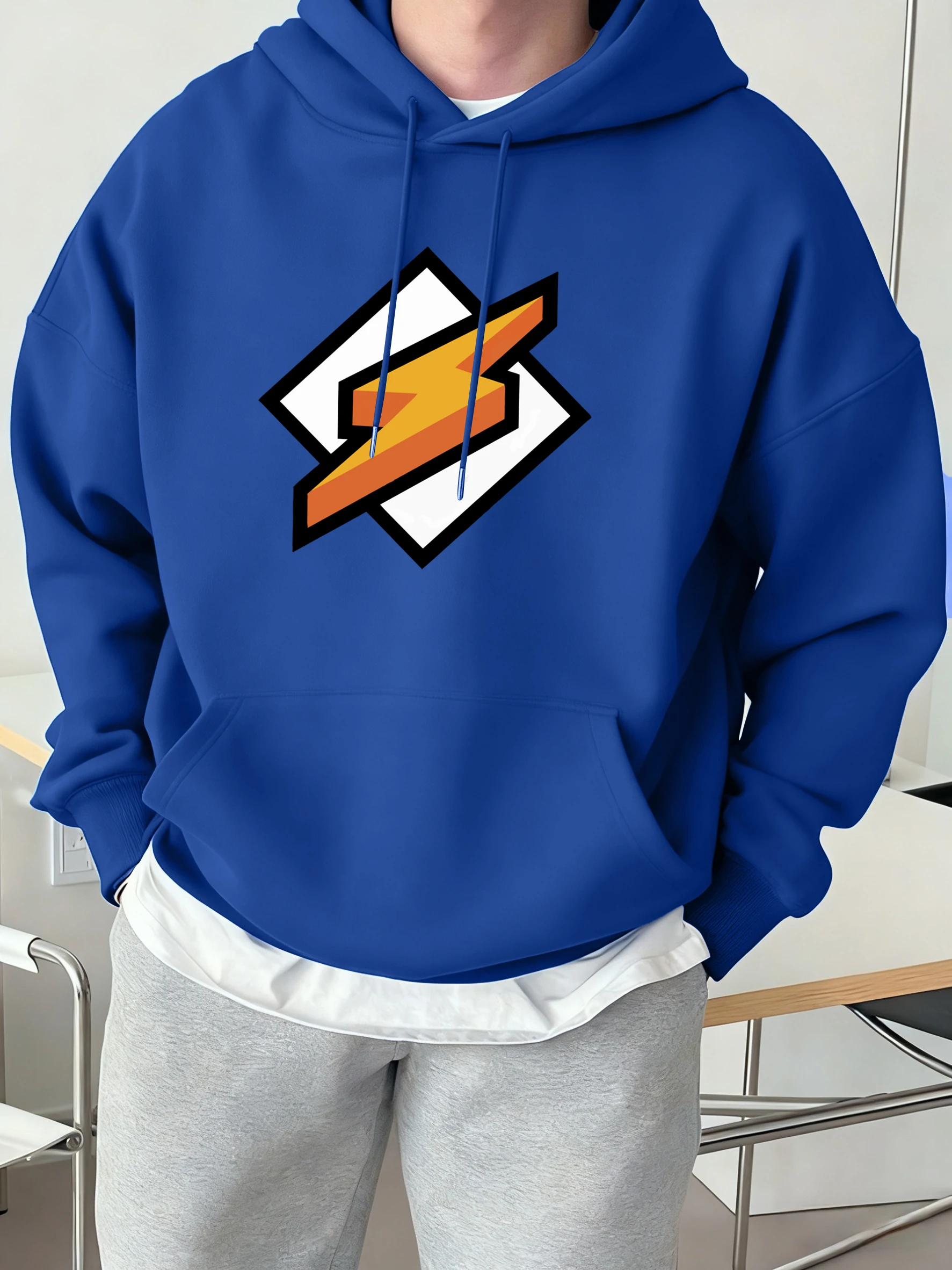 Lightning Falls On A White Square Print Hoodies Men Fleece Soft Pullovers Street Loose Sportswear Autumn Casual Fashion Clothing