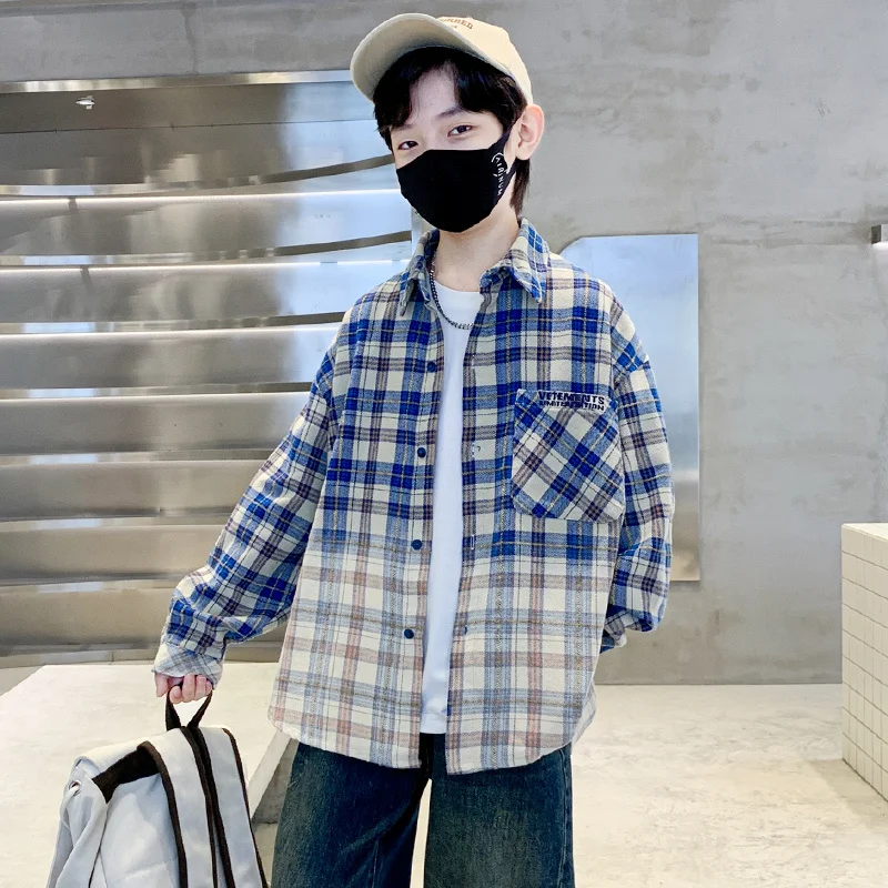 5-14 Years Teens Long Sleeve Plaid Shirt Boy Uniforms Teenage Tops School Kids Gradient Shirt Clothes Child Boy Autumn Blouse